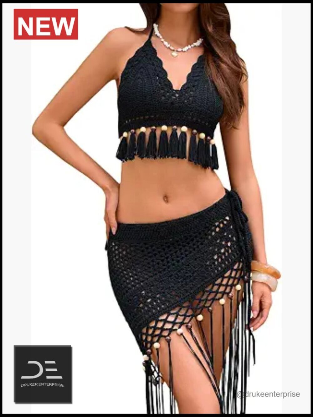 Hand-Crocheted Two Piece Beach Cover Up Set with Halter Top & Fringe Sarong